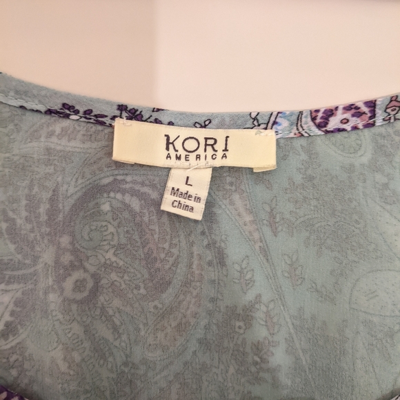 KORI Paisley Green and Purple Boho Cold Shoulder with Ties Top Size Large - Picture 7 of 11